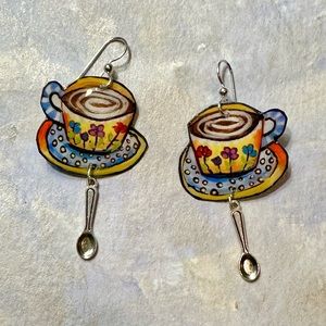 Handpainted coffee tea cups w spoon OOAK sterling cup a joe